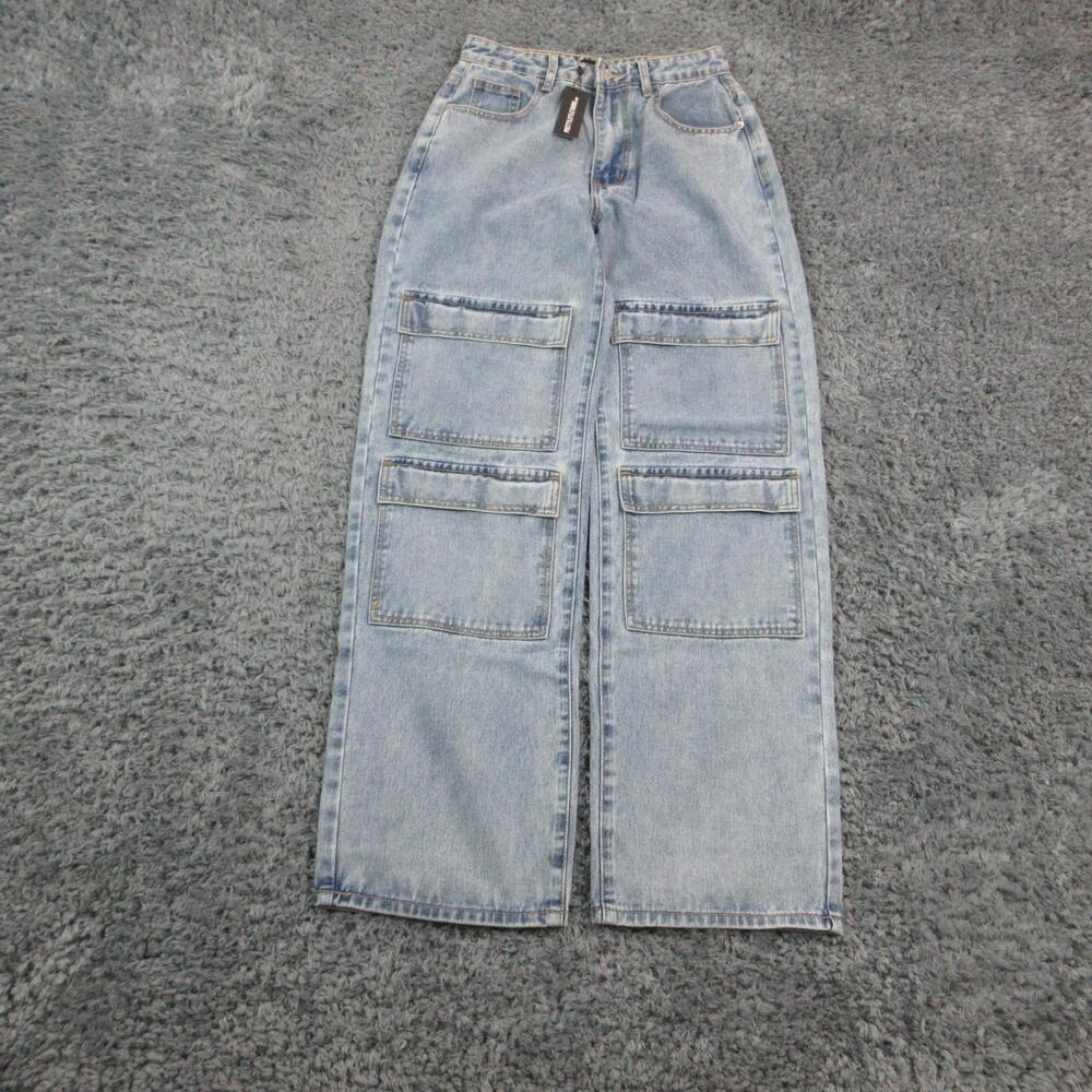 PrettyLittleThing Boyfriend Jeans Womens 2 Blue Cargo Front Pocket 27x32.5* NWT